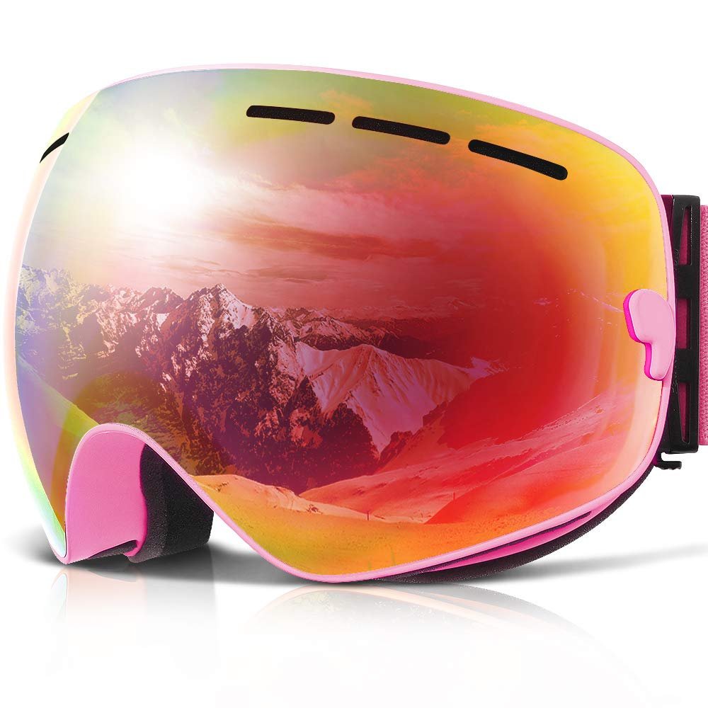 COPOZZ Ski Goggles, G1 OTG Snowboard Snow Goggles for Men Women Youth, Interchangeable Double Layer Anti Fog UV Protection Lens, Polarized Goggles Available (G1-Pink Frame Pink Lens(VLT 52%))