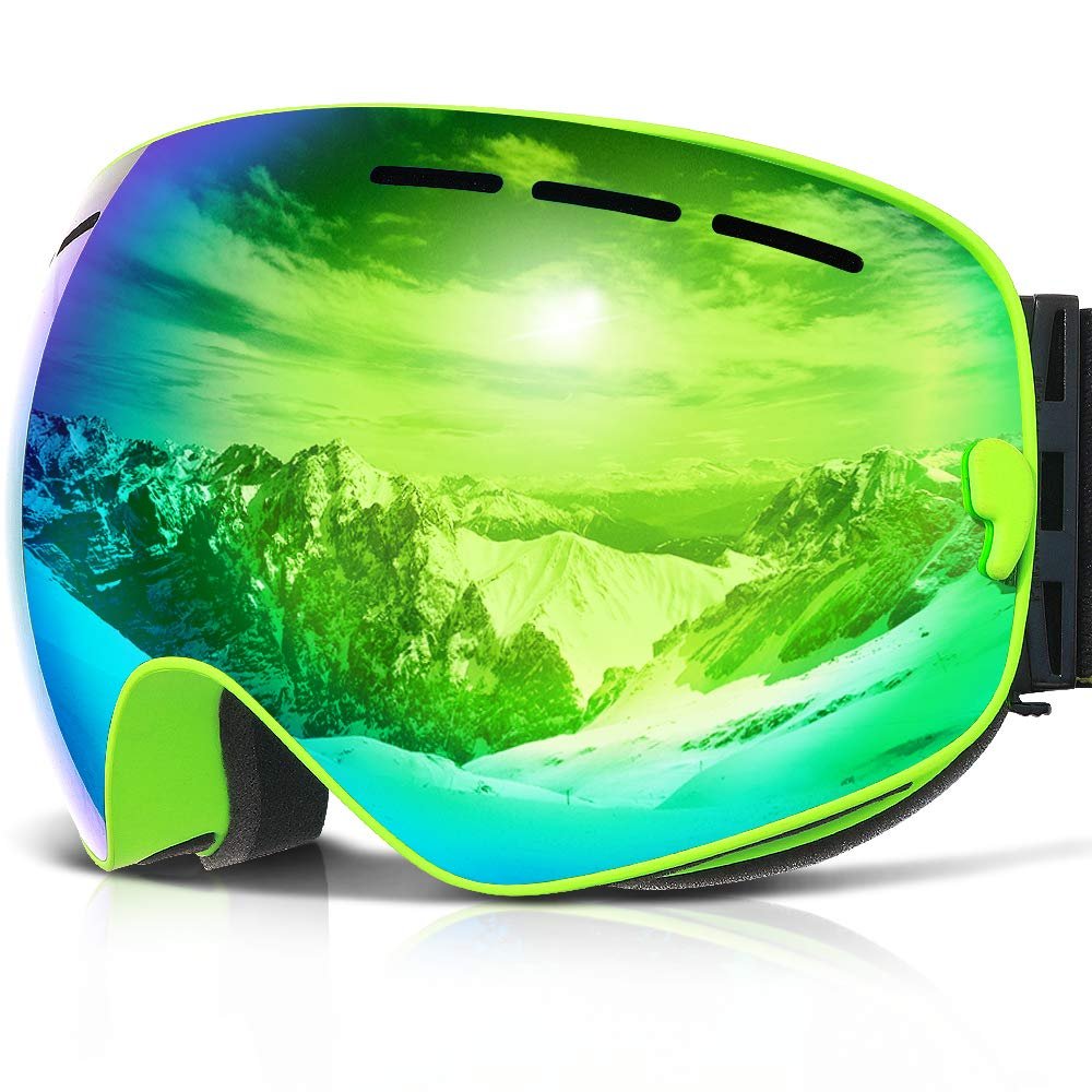 COPOZZ Ski Goggles, G1 OTG Snowboard Snow Goggles for Men Women Youth, Interchangeable Double Layer Anti Fog UV Protection Lens, Polarized Goggles Available (G1-Green Frame Green Lens(VLT 24.7%))