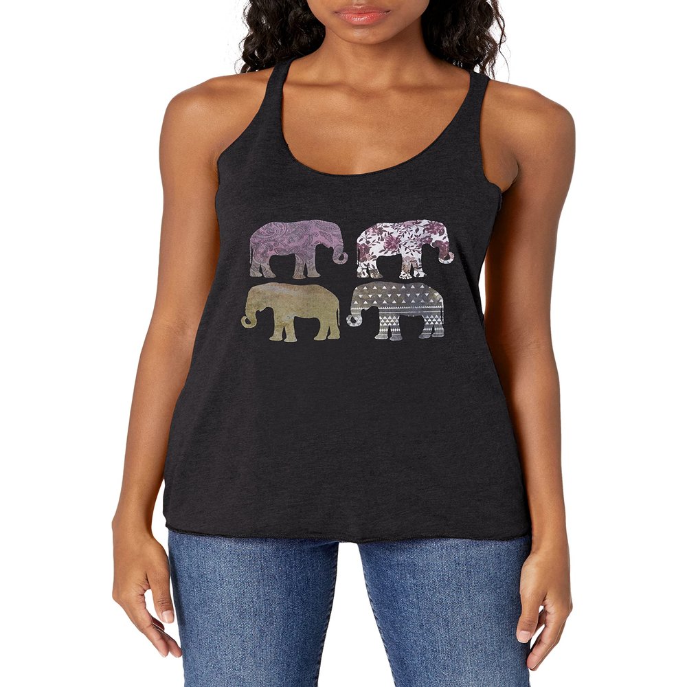 LOST GODS Women's Elephant Pattern Parade Racerback Tank Top - Black Heather - Small
