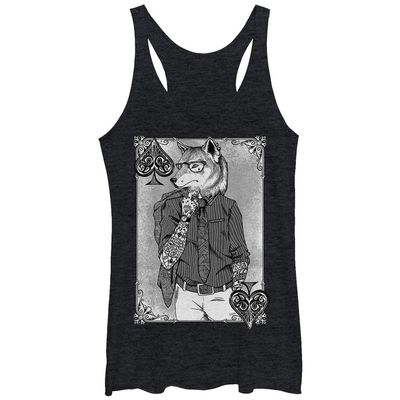 LOST GODS Women's Tattooed Fox Man Racerback Tank Top - Black Heather - Small