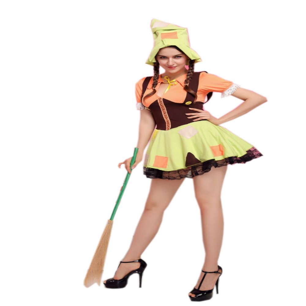 Sexy Cosplay Costume - Women Halloween Adult Colorful Cutie Pumpkin Witch Maid Dress Costume