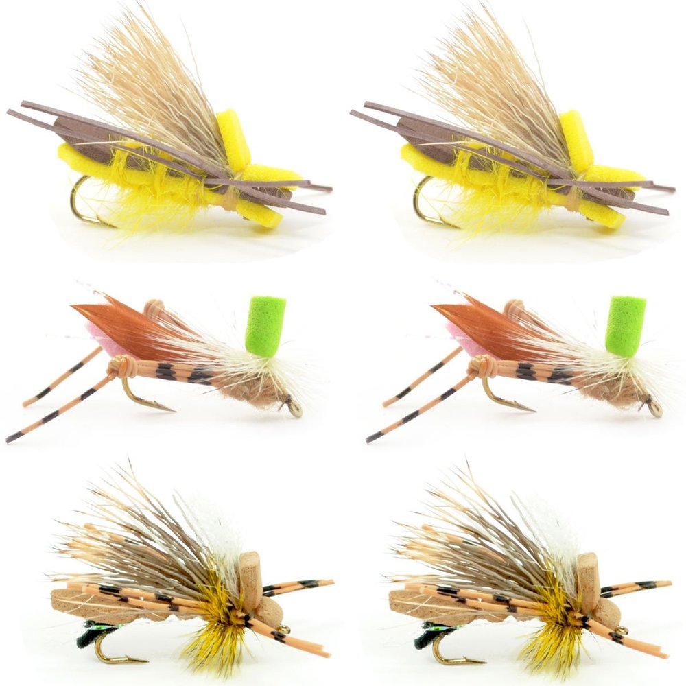 The Fly Fishing Place 6 Foam Body Hopper Grasshopper Trout Fly Fishing Flies Assortment - 6 Flies 3 Patterns Hook Size 10 - Trout Fly Collection