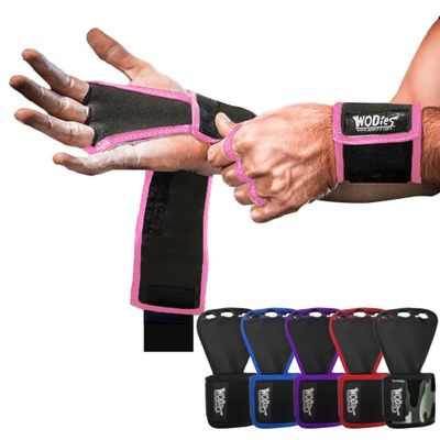 JerkFit WODies 3 Hole Gymnastics Grips with Wrist Support - Hand Grips, Latex Free Elastic Crossfit Grips for Weightlifting, Cross Training - Palm Protection Pull Up Grips for Men and Women (Pink, M)