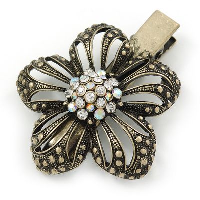 Vintage Inspired Clear Austrian Crystal Open Daisy Flower Hair Beak Clip/Concord Clip/Clamp Clip In Bronze Tone - 60mm L