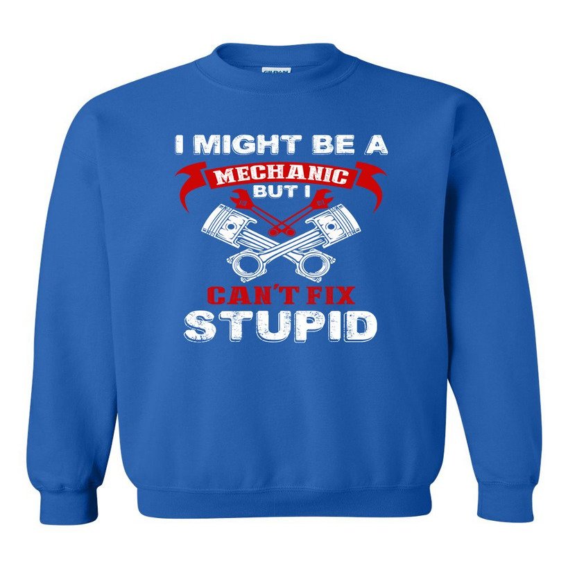 I Might Be A Mechanic But I Can't Fix Stupid Funny DT Novelty Crewneck Sweatshirt (Large, Royal Blue)