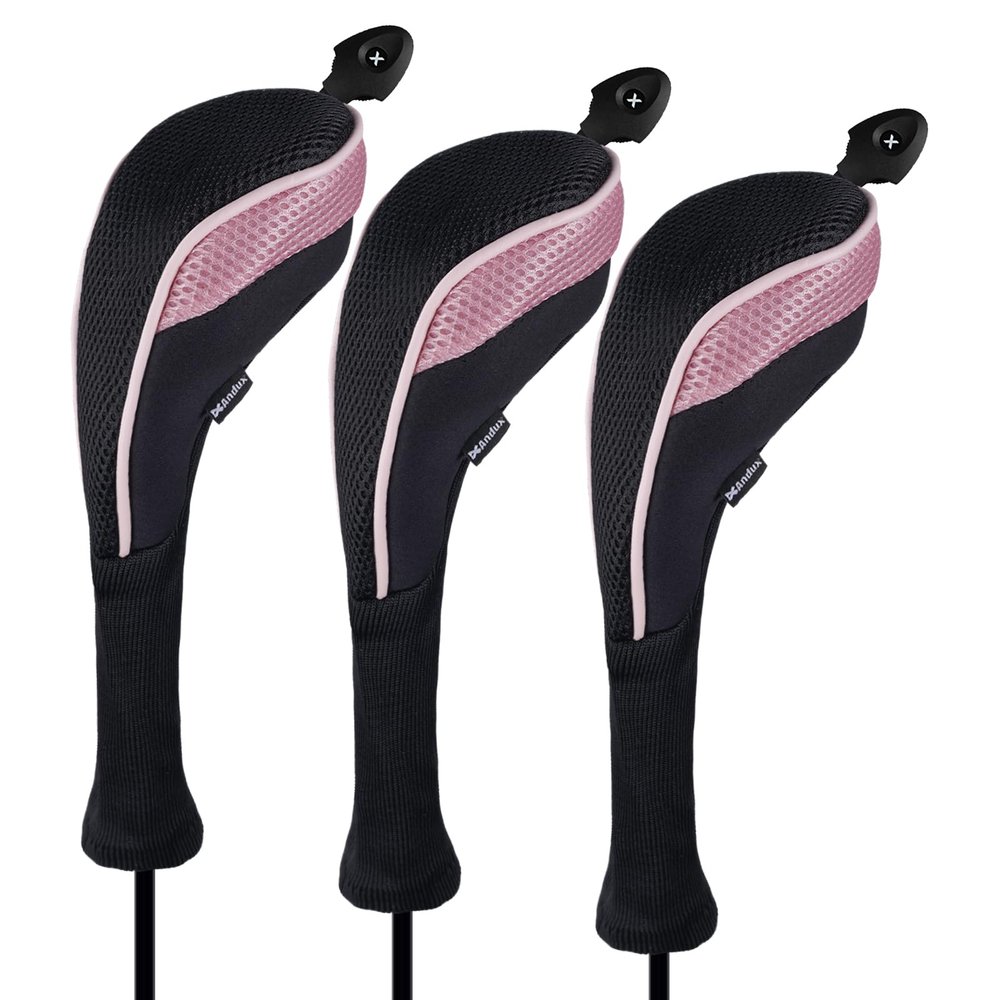 Andux 3 Pack Long Neck Golf Hybrid Club Head Covers Dial No. Tag CTMT-01 Black/Pink
