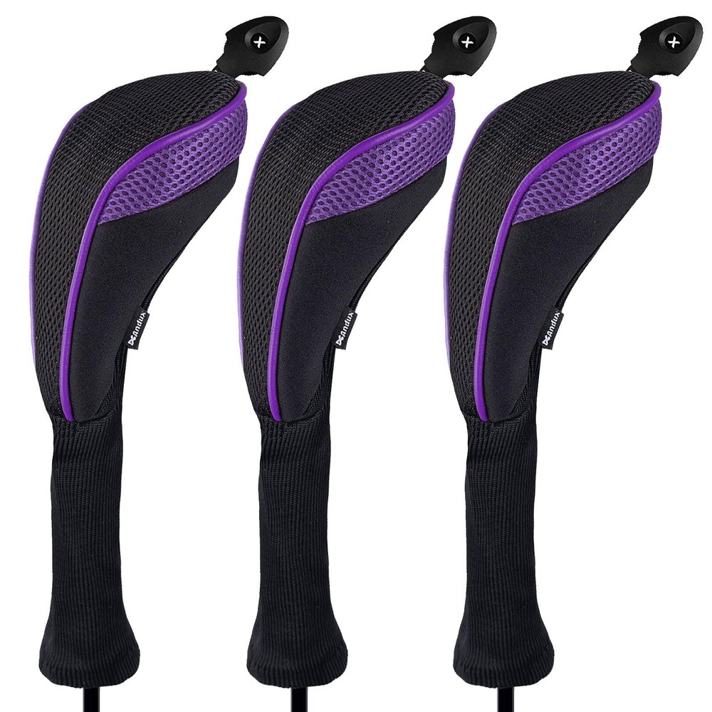 Andux 3 Pack Long Neck Golf Hybrid Club Head Covers Dial No. Tag CTMT-01 Black/Purple