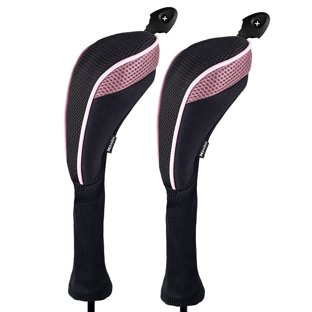 Andux 2 Pack Long Neck Golf Hybrid Club Head Covers Dial No. Tag CTMT-01 Black/Pink