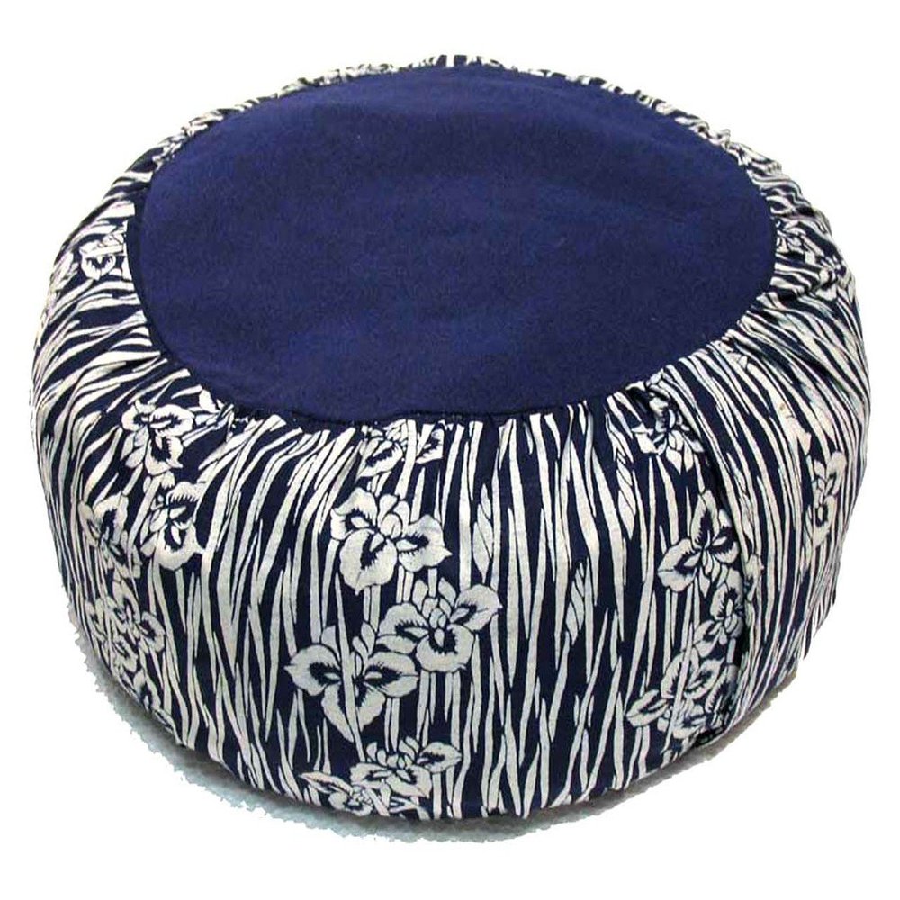 Boon Decor Meditation Cushion Buckwhet Zafu Pillow - Cotton Japanese Wood Block Print - Blue & White Iris