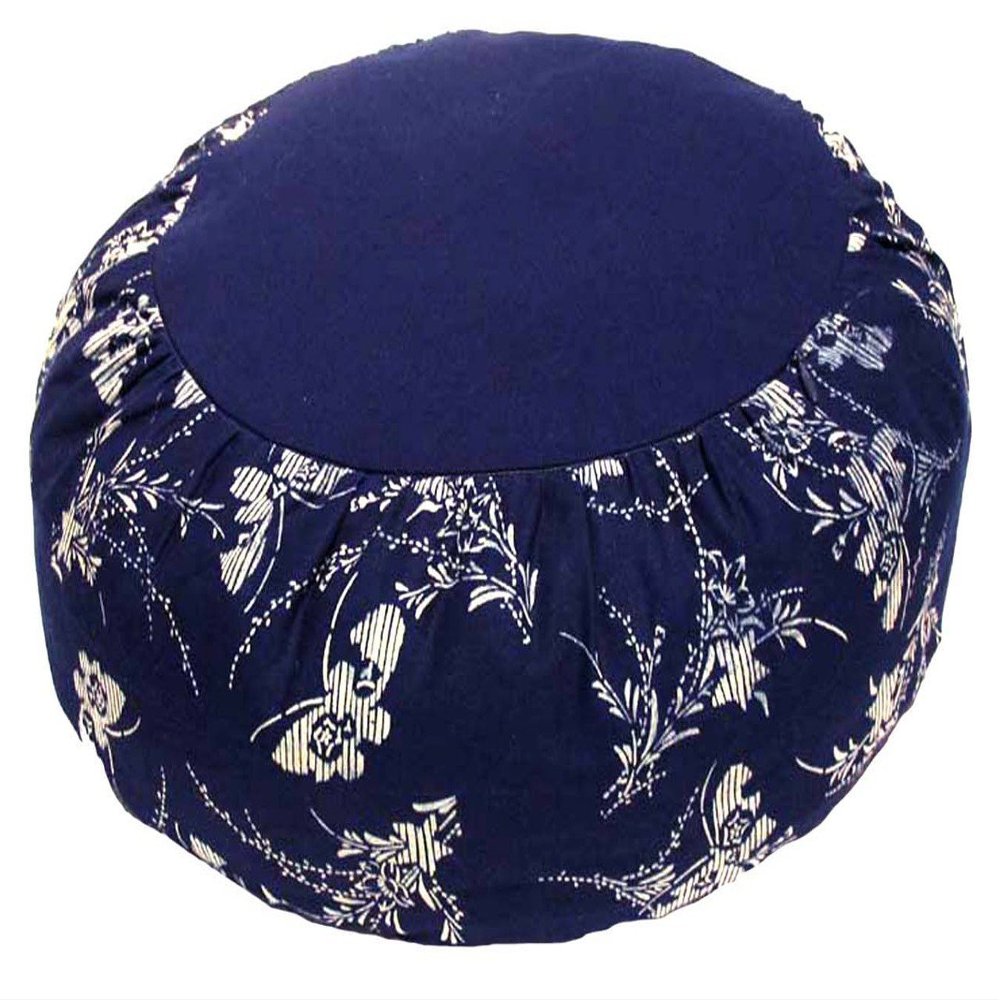 Boon Decor Meditation Cushion Buckwhet Zafu Pillow - Cotton Japanese Wood Block Print - Blue & White Butterflies