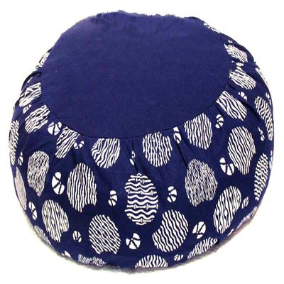 Boon Decor Meditation Cushion Buckwhet Zafu Pillow - Cotton Japanese Wood Block Print - Blue & White Abstract Circles