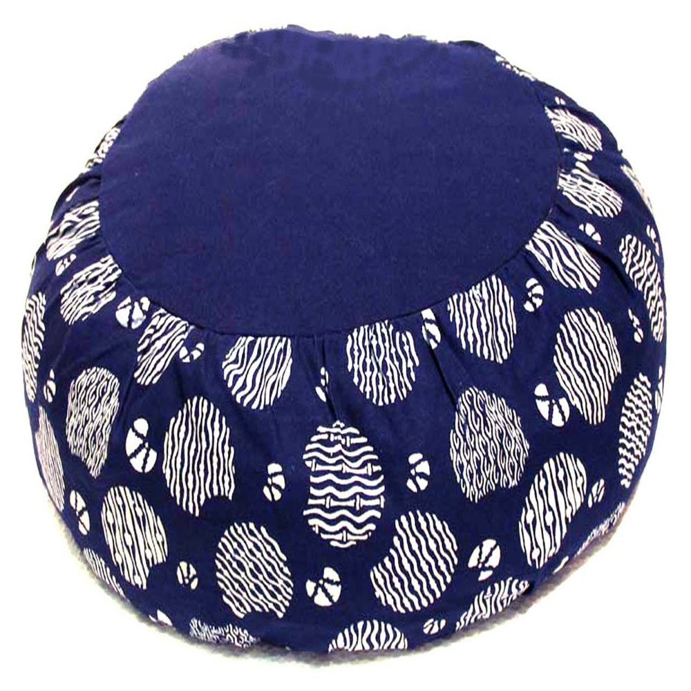 Boon Decor Meditation Cushion Buckwhet Zafu Pillow - Cotton Japanese Wood Block Print - Blue & White Abstract Circles