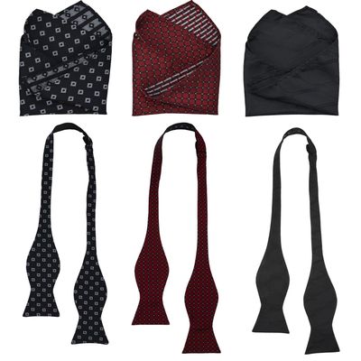 3pcs Mens Classic Silk Self Bow Ties and Pocket Square, Handkerchief Jacquard Woven Bowtie Set For Tuxedo & Wedding SB2 (Black, Red, Black)