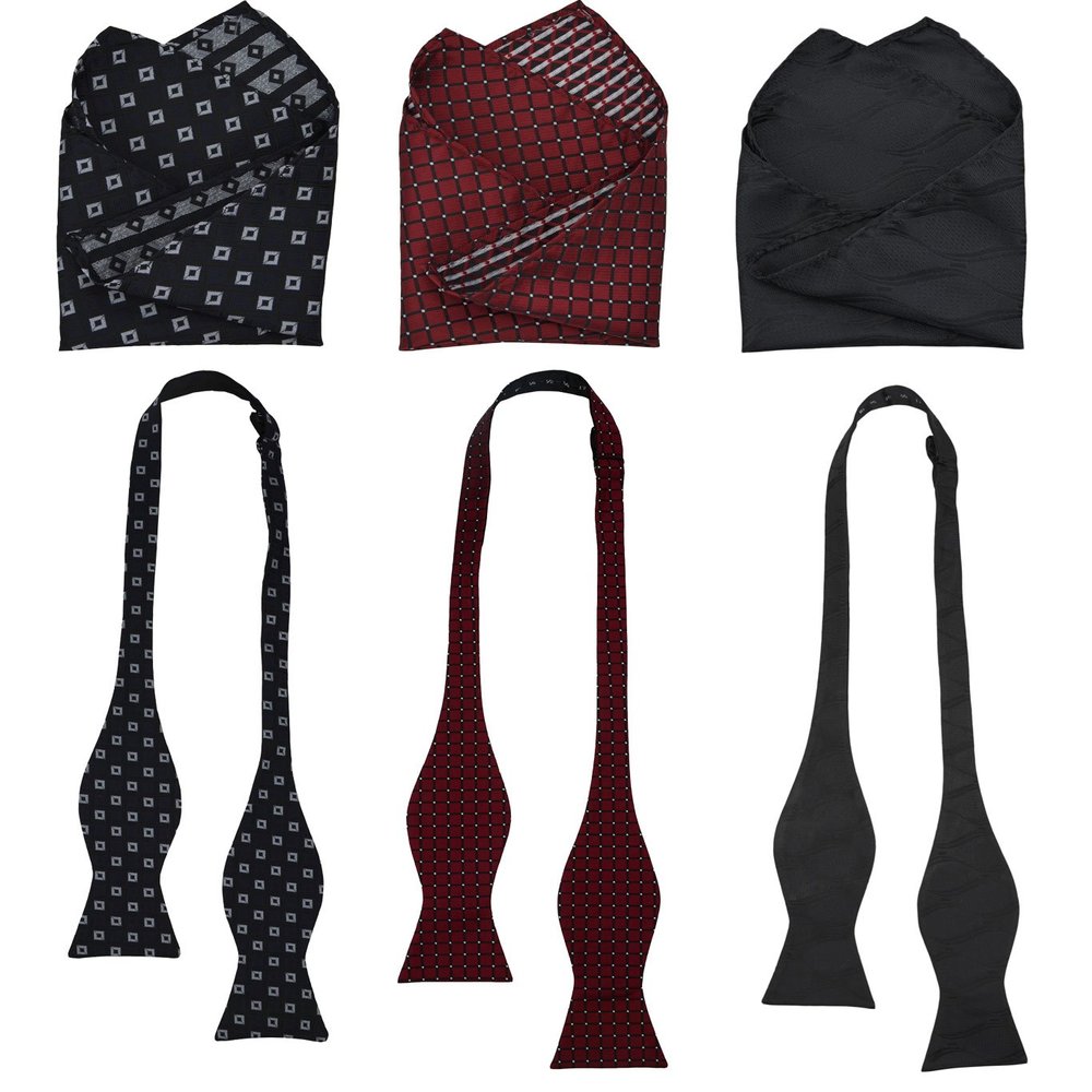 3pcs Mens Classic Silk Self Bow Ties and Pocket Square, Handkerchief Jacquard Woven Bowtie Set For Tuxedo & Wedding SB2 (Black, Red, Black)