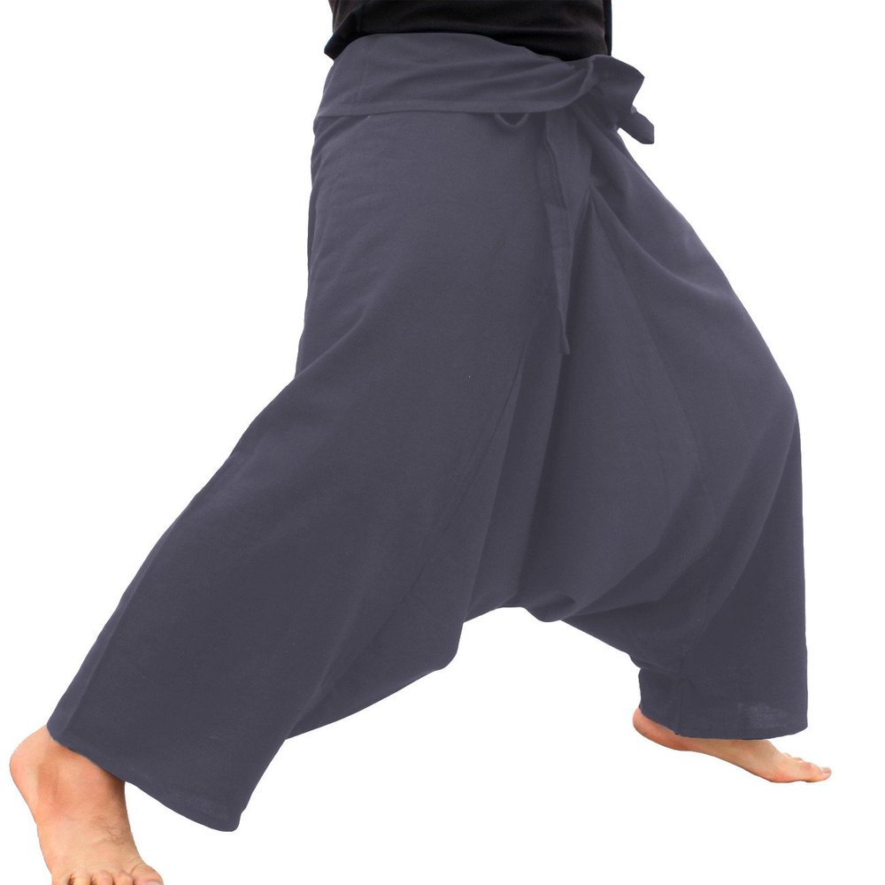 RaanPahMuang Thicker Muang Cotton Java Wrap Tie Waist Baggy Mao Pant, Small, Cool Grey