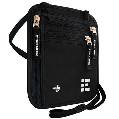Neck Wallet for Travel & Passport Holder with RFID Blocking - Slim & Easy to Conceal Nylon Travel Pouch for men & women - Holds Phone, Cash, Cards, Keys - Sweat & Water Resistant - Large - Black