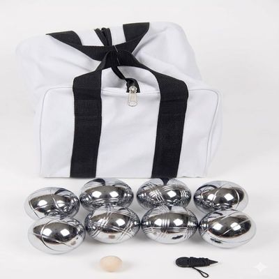 BuyBocceBalls Listing - 73mm Metal Bocce and Petanque Set with Silver Balls and Heavy Duty White Nylon Bag - Single