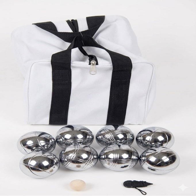 BuyBocceBalls Listing - 73mm Metal Bocce and Petanque Set with Silver Balls and Heavy Duty White Nylon Bag - Single