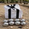 BuyBocceBalls Listing - 73mm Metal Bocce and Petanque Set with Silver Balls and Heavy Duty White Nylon Bag - Single view 2