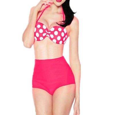 JJ-GOGO Womens Bikini Pink Monroe High Waist Swimsuit (L)