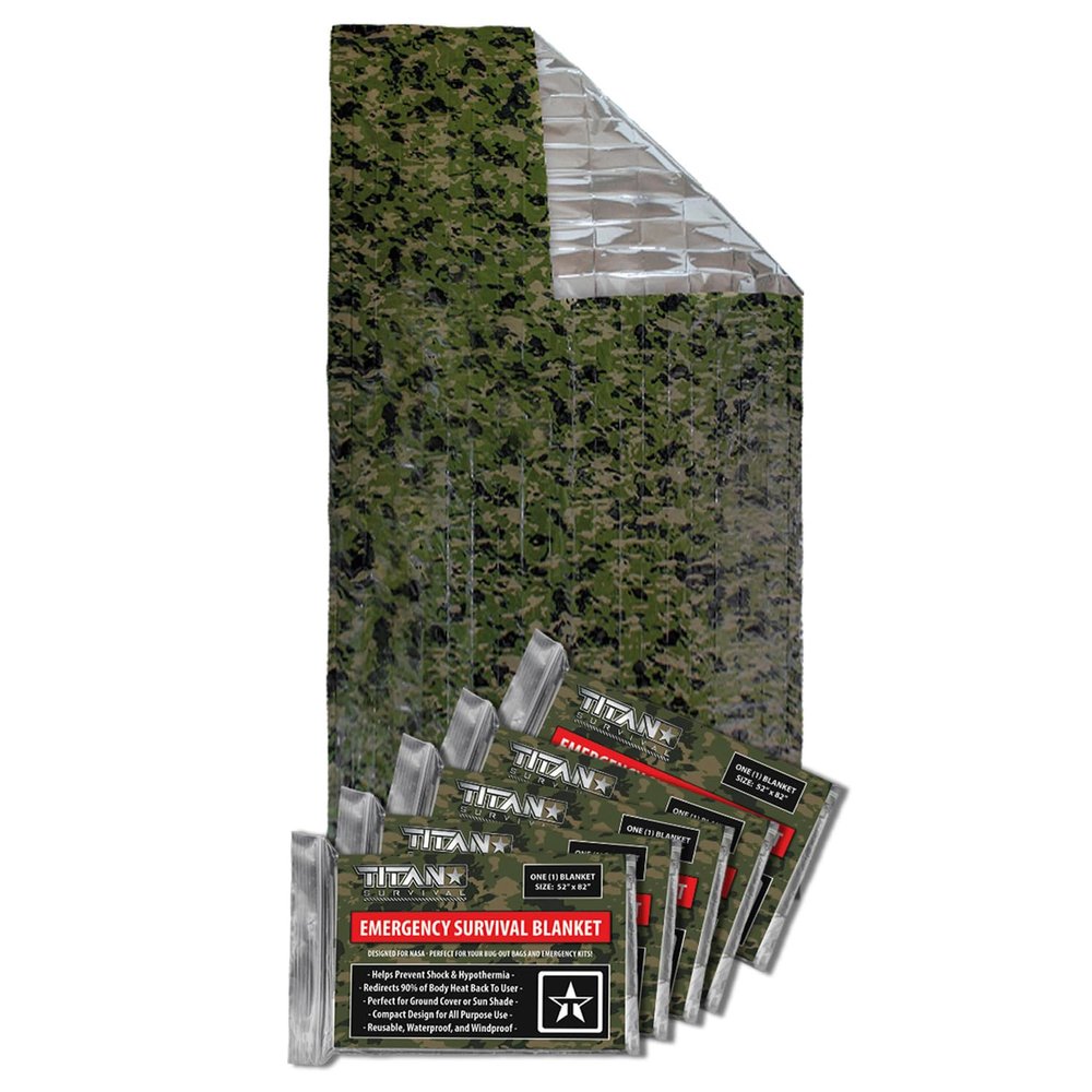 TITAN Survival Mylar Survival Blankets 5 Pack 52 x 82 - 90% Heat Retention & Waterproof Design - Emergency Blanket Cold Weather Protection & Survival Kits - Durable Space Blanket for Outdoor Use