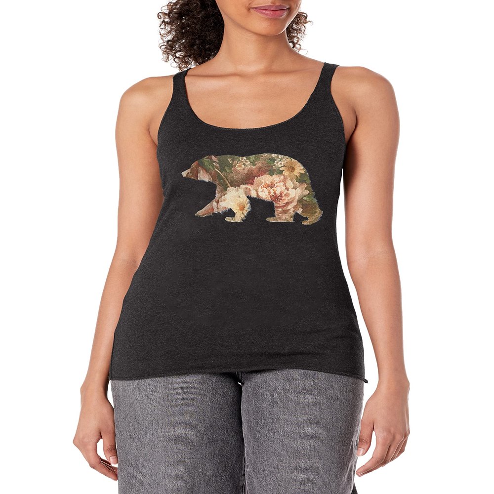 LOST GODS Women's Bear Floral Print Racerback Tank Top - Black Heather - Medium