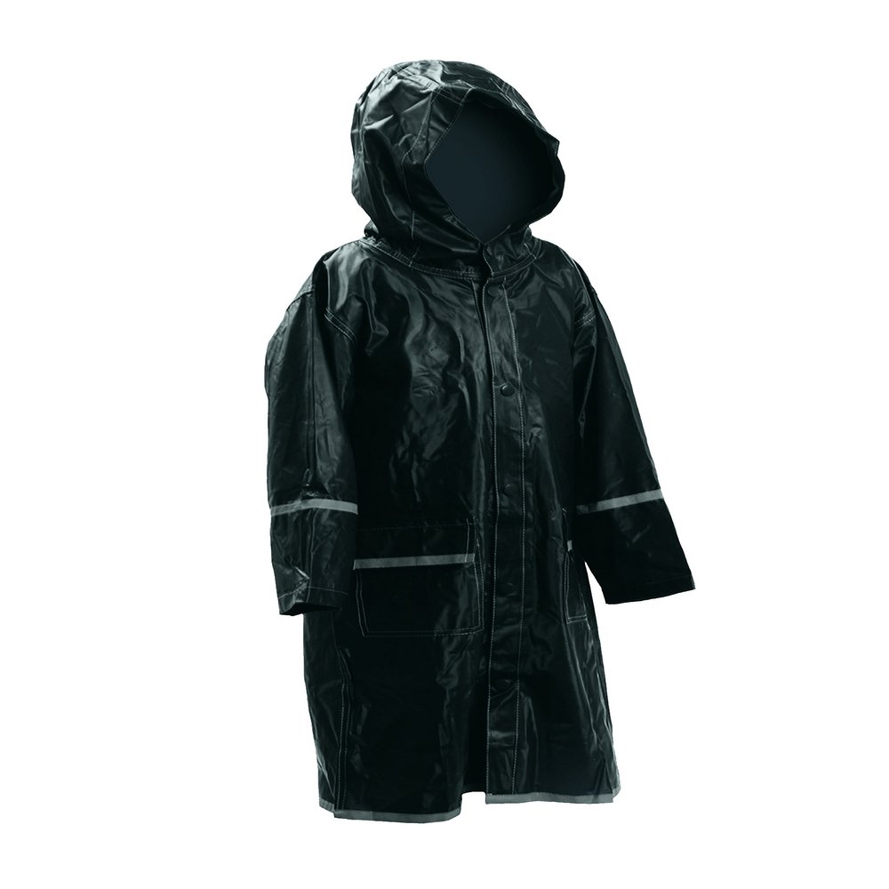 Blimber Kids/Junior, Boys/Girls, Black Raincoat with Reflector Strips, Waterproof Vinyl, Full Length Hooded Rain