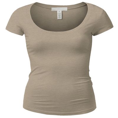 Active Basic Womens Plain Basic Deep Scoop Neck with Cap Short Sleeves - Oat - Small