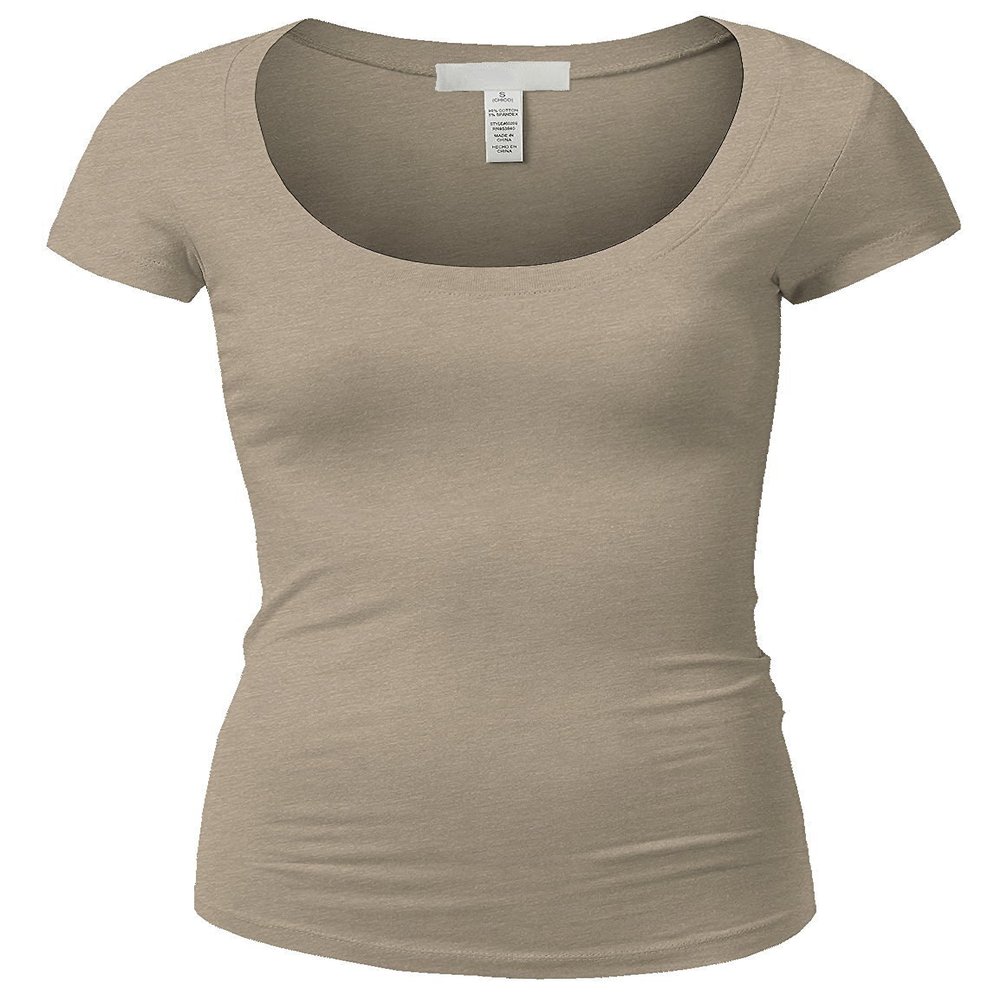 Active Basic Womens Plain Basic Deep Scoop Neck with Cap Short Sleeves - Oat - Small