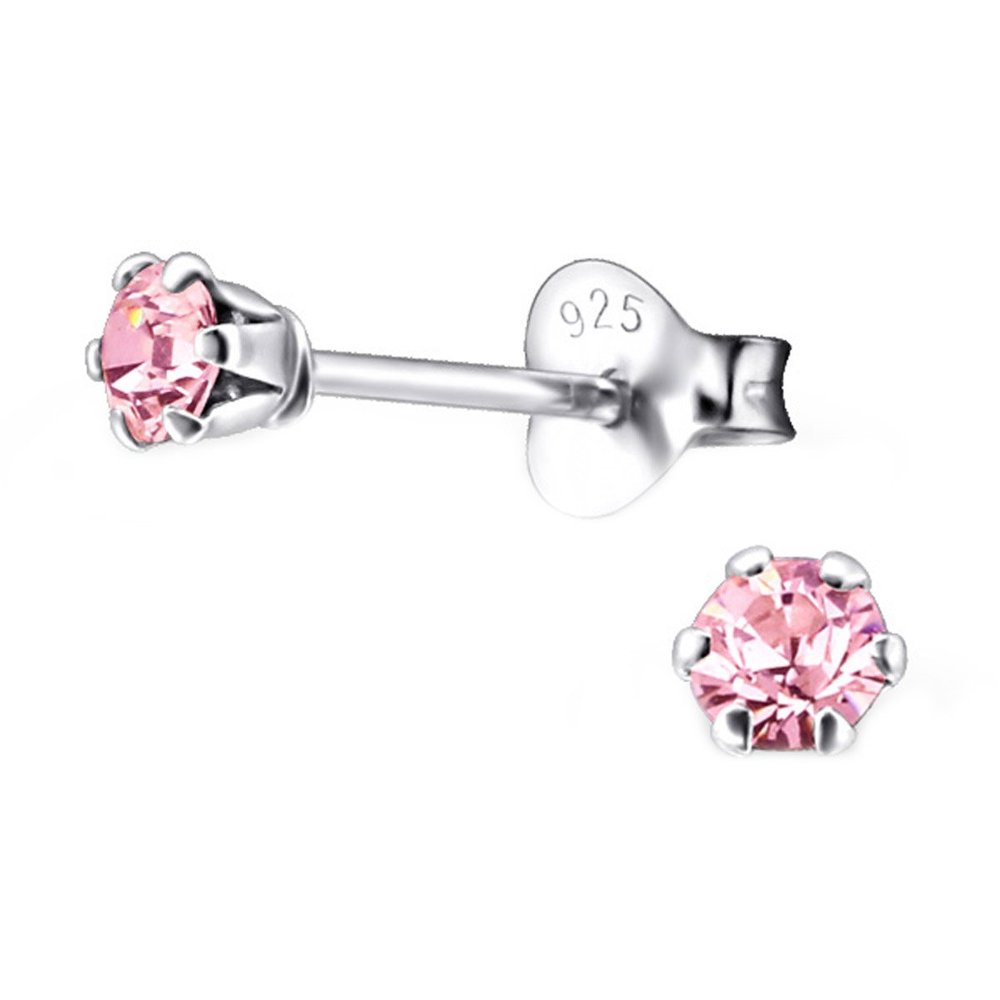 3mm Tiny Small Crystals Color Children Girls Stering Silver 925 Posts (E5573) (Light Rose)