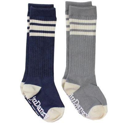 juDanzy 2 Pack of Baby, Toddler and Kids Knee High Tube Socks for Boys and Girls with Grips (0-6 Months, Blue & Gray)
