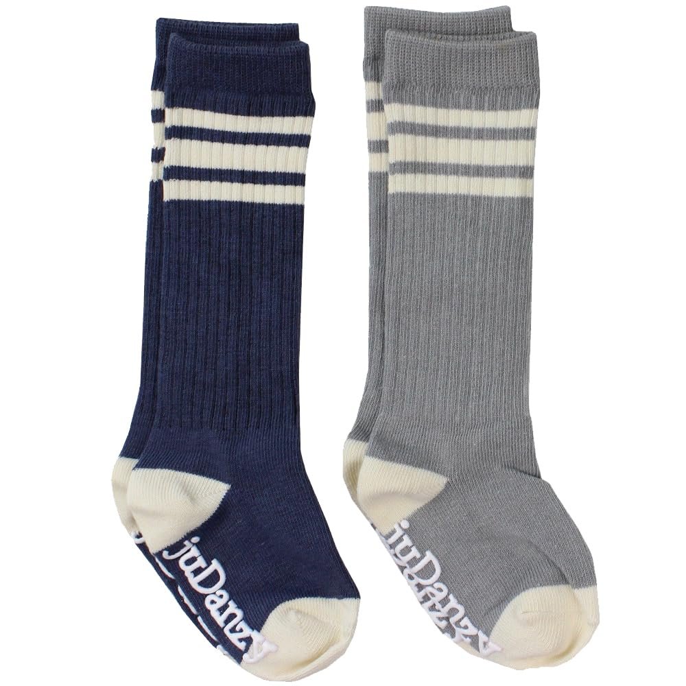 juDanzy 2 Pack of Baby, Toddler and Kids Knee High Tube Socks for Boys and Girls with Grips (0-6 Months, Blue & Gray)