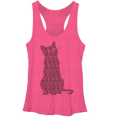 LOST GODS womens Lost Gods Floral Print Cat Women's Racerback Tank Top Shirt, Pink Heather, Medium US