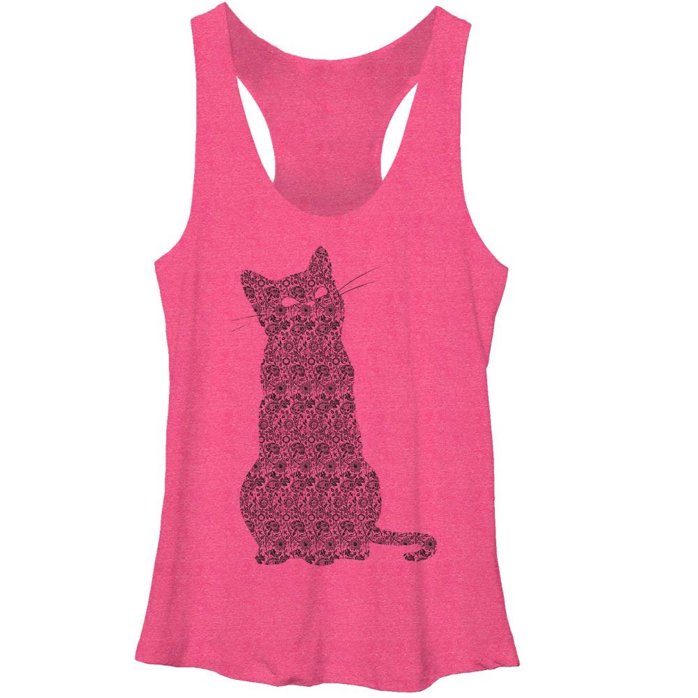 LOST GODS womens Lost Gods Floral Print Cat Women's Racerback Tank Top Shirt, Pink Heather, Medium US