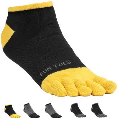 FUN TOES Mens Toe Socks Barefoot Running Lightweight -Value 6 Pairs Pack- Size 6-12 (2 Black-Orange/ 2 Black-Grey/ 2 Grey-Yellow)