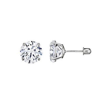 14kt Solid White Gold Superbright Clear Cz Basket Setting Round Screwback Stud Earrings (2mm)