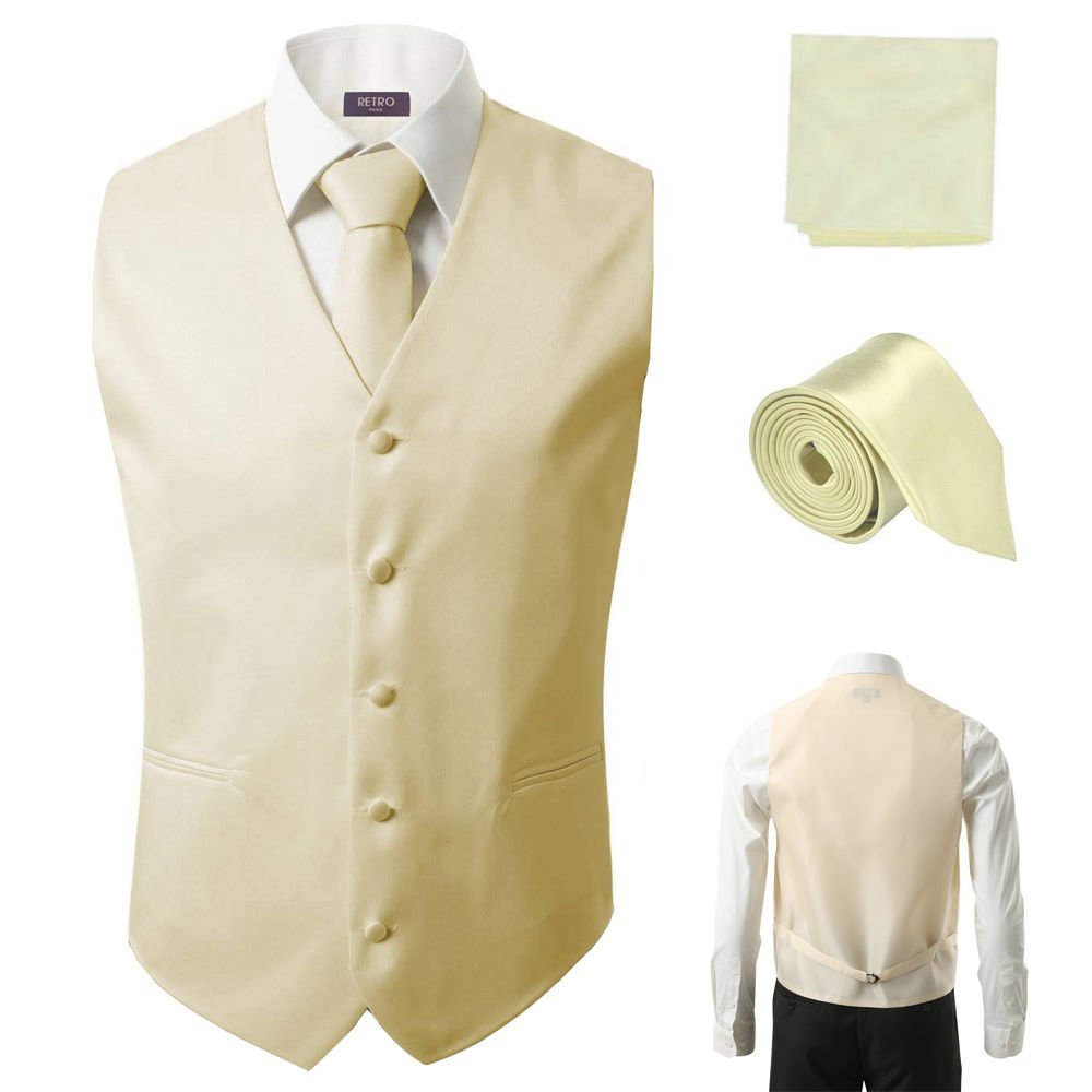 3 Pcs Vest + Tie + Hankie Ivory Fashion Men's Formal Dress Suit Slim Tuxedo Waistcoat Coat (XXX-Large)