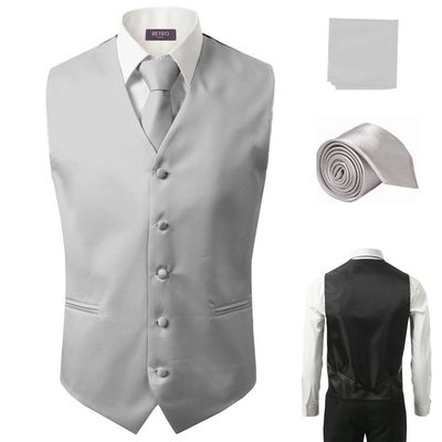 3 Pcs Vest + Tie + Hankie Gray Fashion Men's Formal Dress Suit Slim Tuxedo Waistcoat Coat (X-Small)