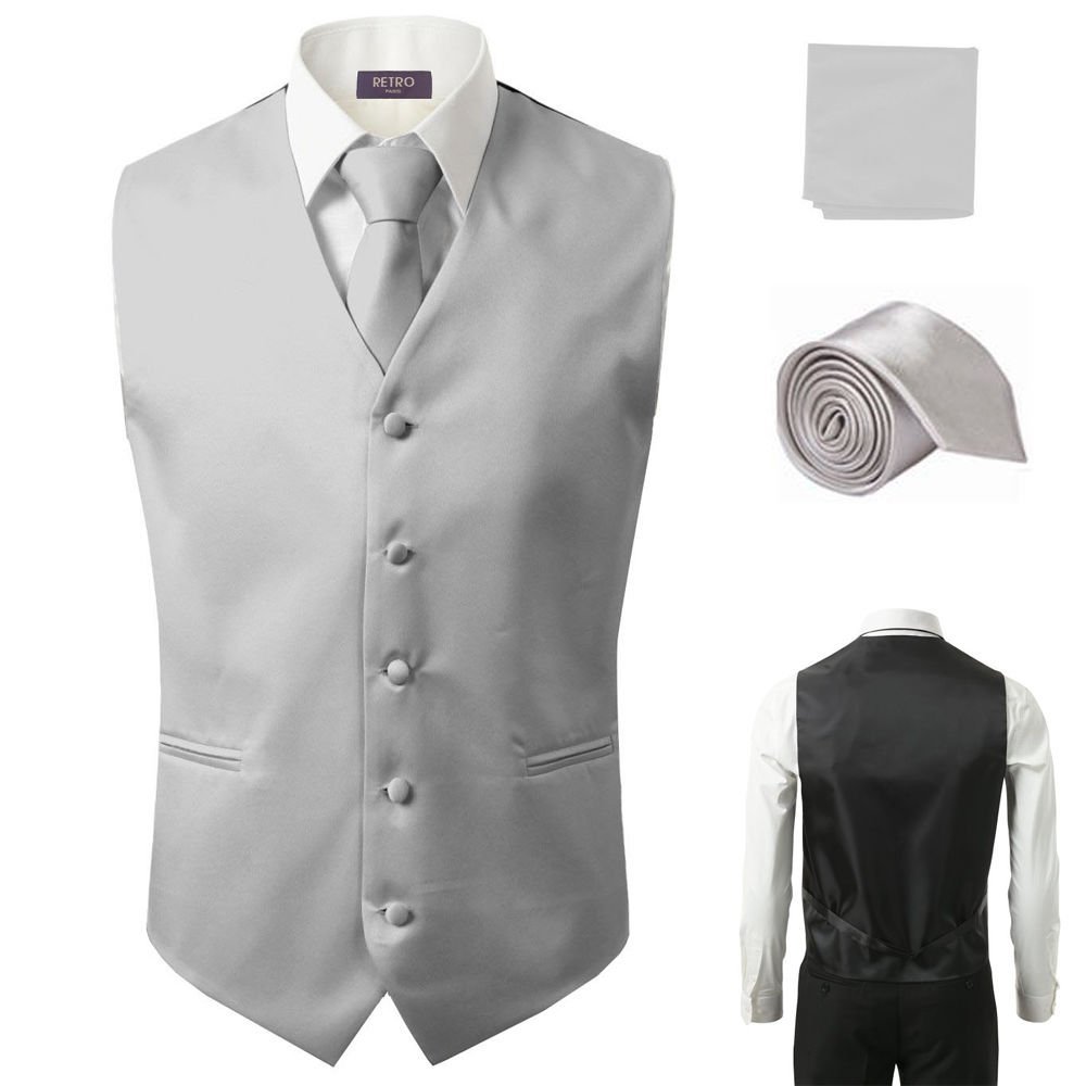 3 Pcs Vest + Tie + Hankie Gray Fashion Men's Formal Dress Suit Slim Tuxedo Waistcoat Coat (X-Small)