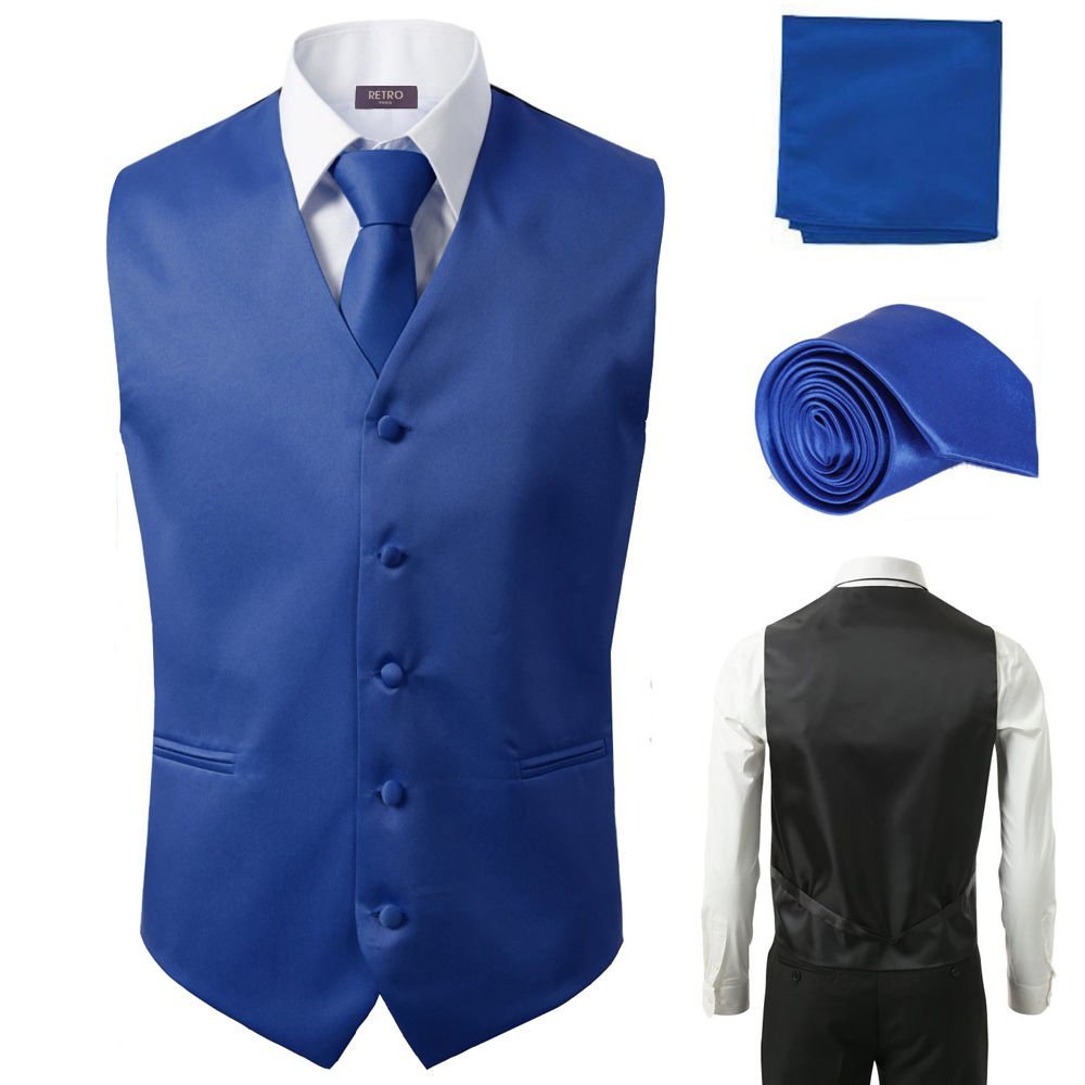 3 Pcs Vest + Tie + Hankie Royal Blue Fashion Men's Formal Dress Suit Slim Tuxedo Waistcoat Coat (XX-Large)