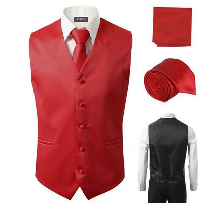 3 Pcs Vest + Tie + Hankie Fashion Men's Formal Dress Suit Slim Tuxedo Waistcoat Coat (XX-Large) Red