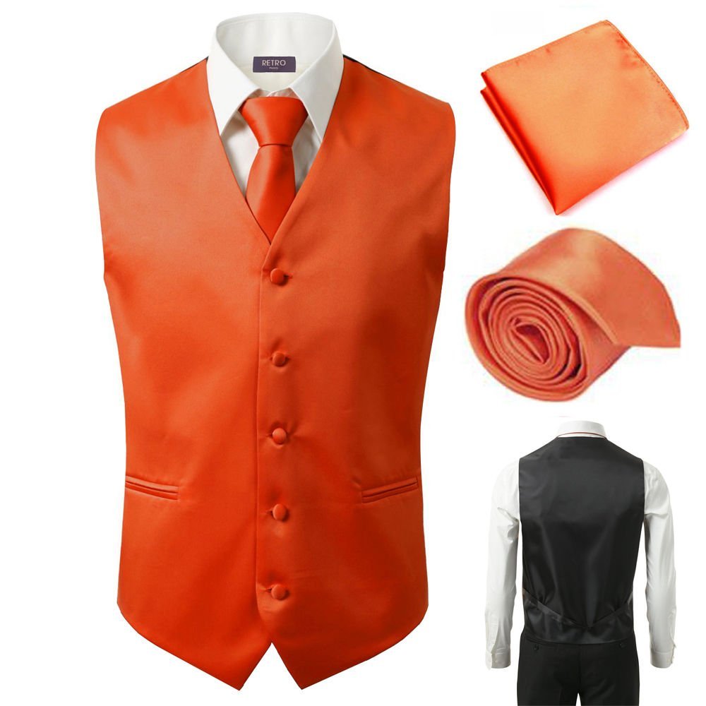 3 Pcs Vest + Tie + Hankie Orange Fashion Men's Formal Dress Suit Slim Tuxedo Waistcoat Coat (Small)