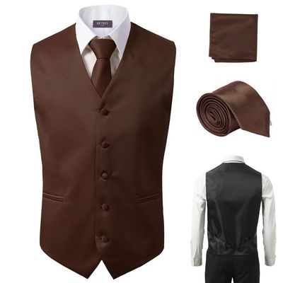 3 Pcs Vest + Tie + Hankie Brown Fashion Men's Formal Dress Suit Slim Tuxedo Waistcoat Coat (Medium)