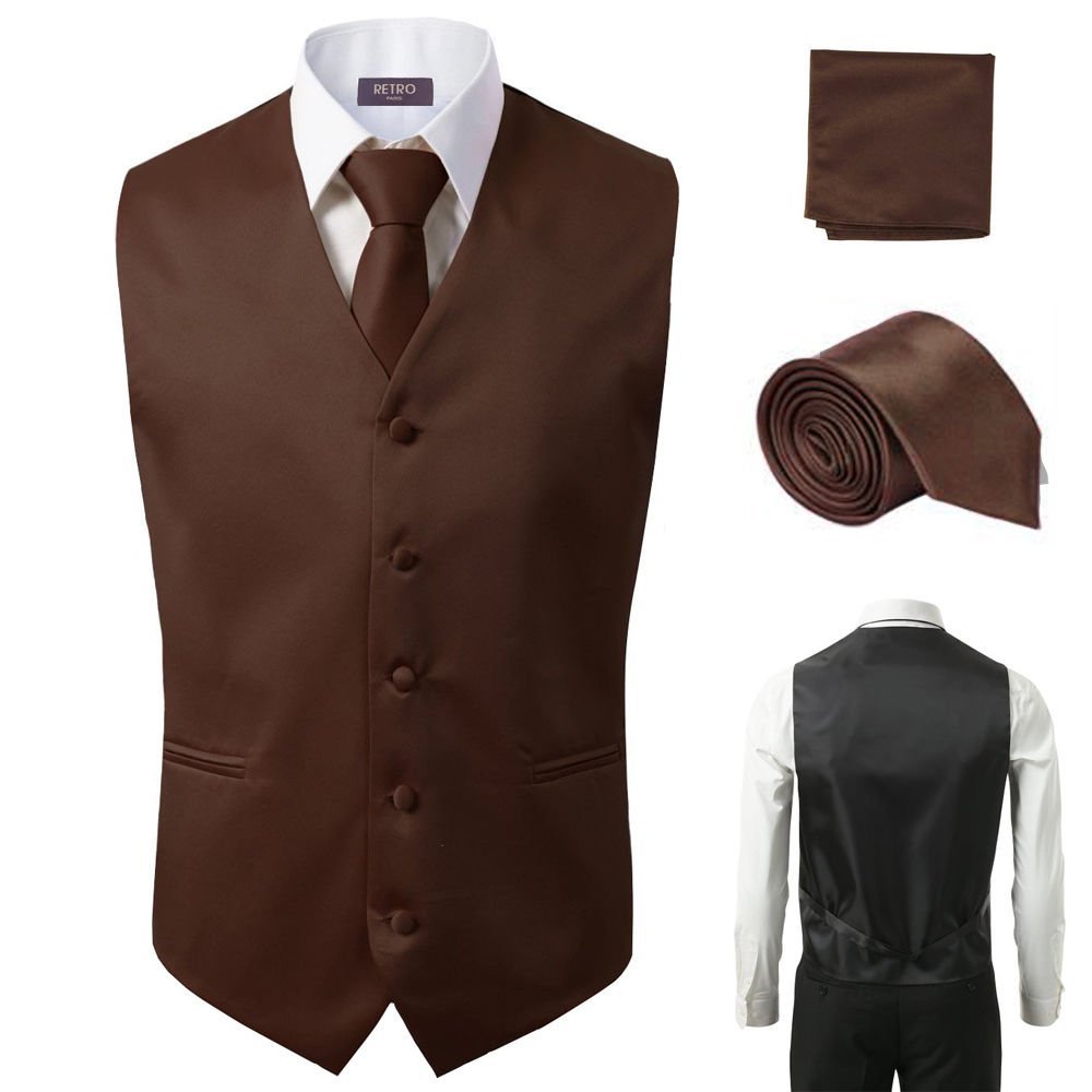 3 Pcs Vest + Tie + Hankie Brown Fashion Men's Formal Dress Suit Slim Tuxedo Waistcoat Coat (Medium)