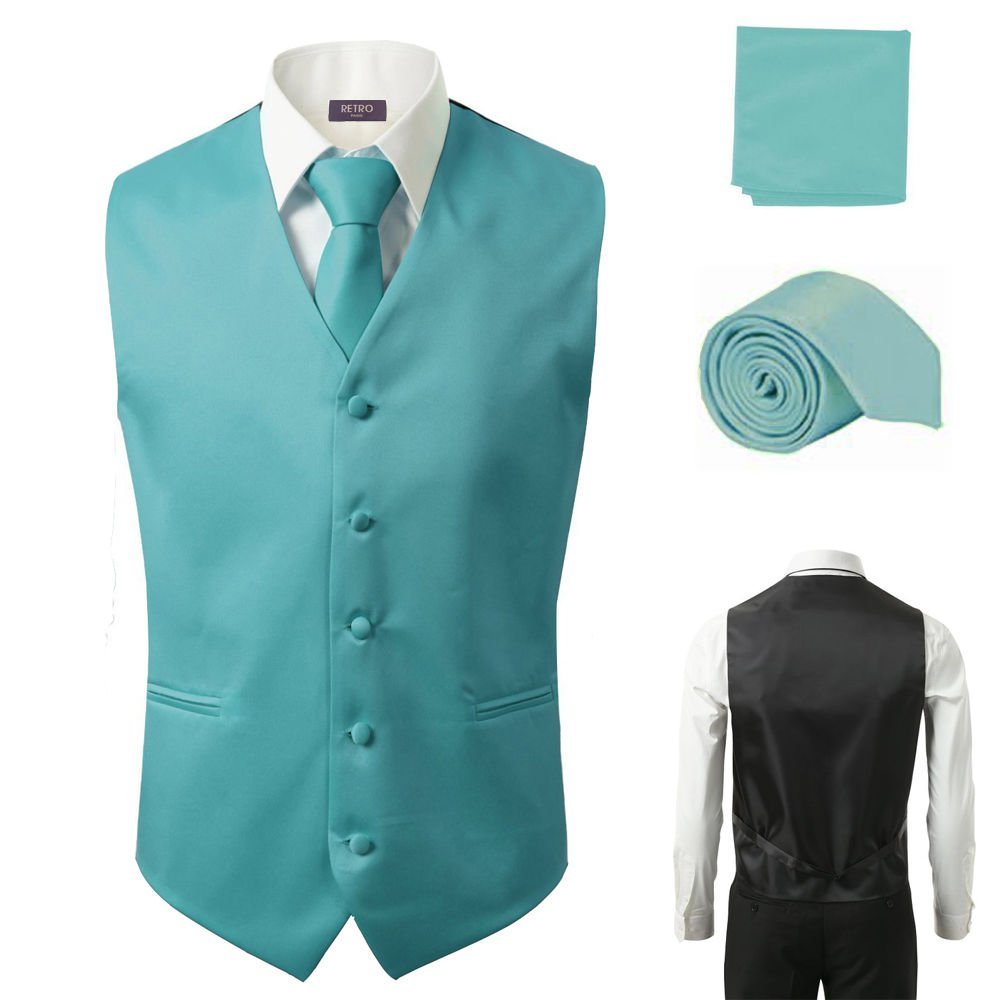 3 Pcs Vest + Tie + Hankie Fashion Turquoise Men's Formal Dress Suit Slim Tuxedo Waistcoat Coat (Medium)