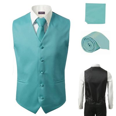 3 Pcs Vest + Tie + Hankie Fashion Turquoise Men's Formal Dress Suit Slim Tuxedo Waistcoat Coat (XX-Large)