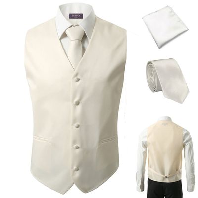 3 Pcs Vest + Tie + Hankie White Fashion Men's Formal Dress Suit Slim Tuxedo Waistcoat Coat (XX-Large)
