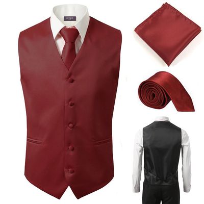 3 Pcs Vest + Tie + Hankie Burgundy Fashion Men's Formal Dress Suit Slim Tuxedo Waistcoat Coat (XXX-Large)