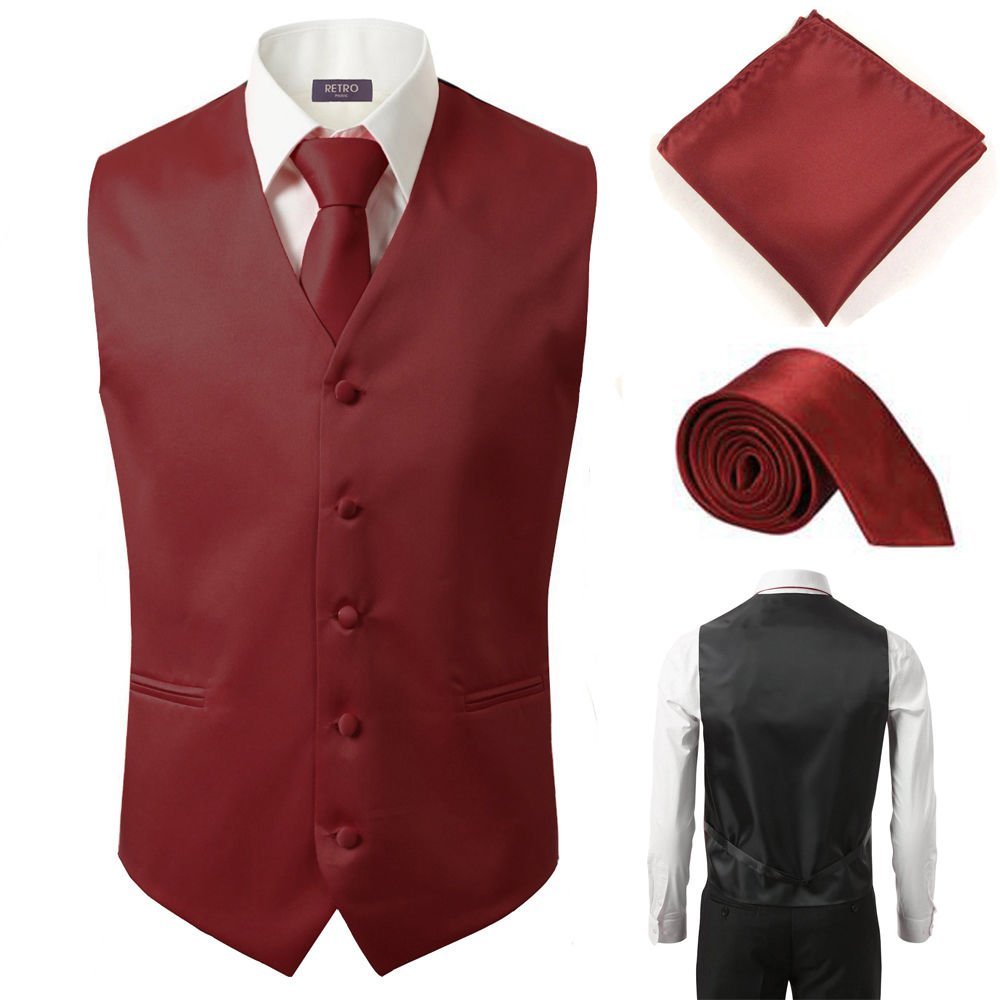3 Pcs Vest + Tie + Hankie Burgundy Fashion Men's Formal Dress Suit Slim Tuxedo Waistcoat Coat (XXX-Large)