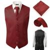 3 Pcs Vest + Tie + Hankie Burgundy Fashion Men's Formal Dress Suit Slim Tuxedo Waistcoat Coat (XXX-Large) view 1